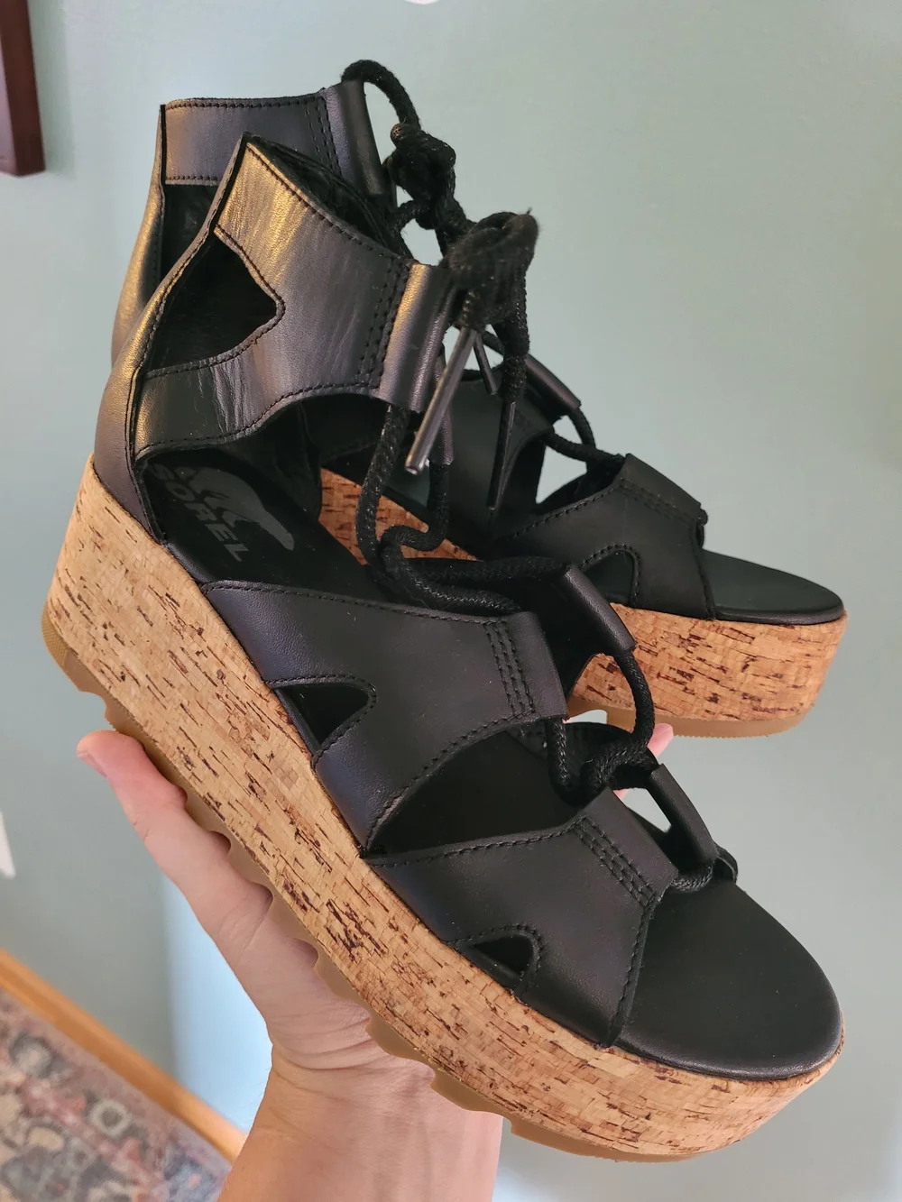 Black Lace-Up Cork Wedge Sandals - Women Sorel 7 Cameron Strappy Leather EUC
